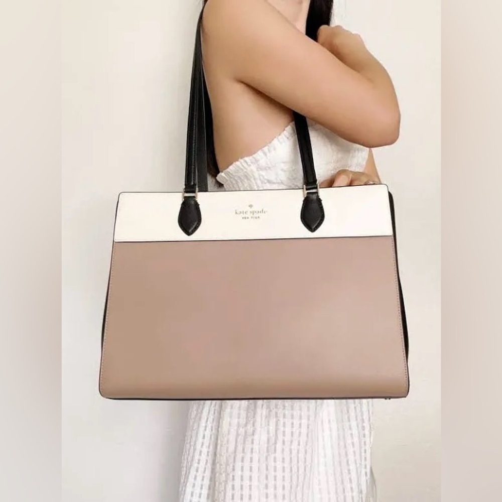 Kate Spade Madison East West Leather Laptop Tote Toasted Hazelnut Beige Multi
